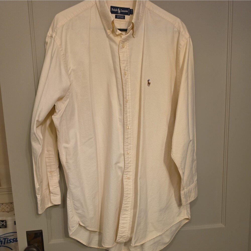 Ralph Lauren Shirt Mens XL Beige Long Sleeve Button Down Casual Logo VTG 17-33